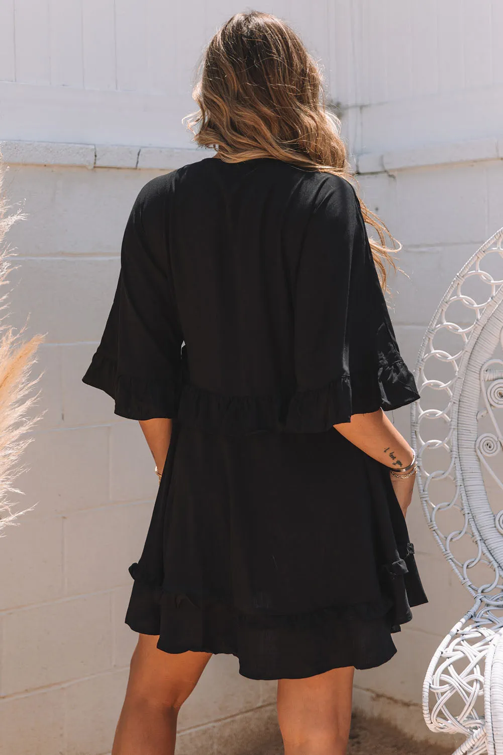 Blue Zone Planet |  Black Ruffled 3/4 Sleeve V Neck Babydoll Mini Dress