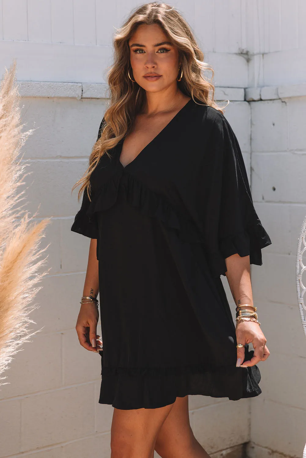 Blue Zone Planet |  Black Ruffled 3/4 Sleeve V Neck Babydoll Mini Dress
