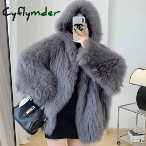 Cyflymder winter winery outfit Trendy Hooded Faux Fox Fur Coats super Warm Winter Furry Jacket Women Streetwear Plush Clothing Loose Casual Whiter Chaquetas
