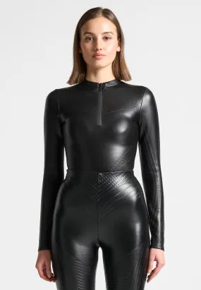 Debossed Contour Long Sleeve Bodysuit - Black
